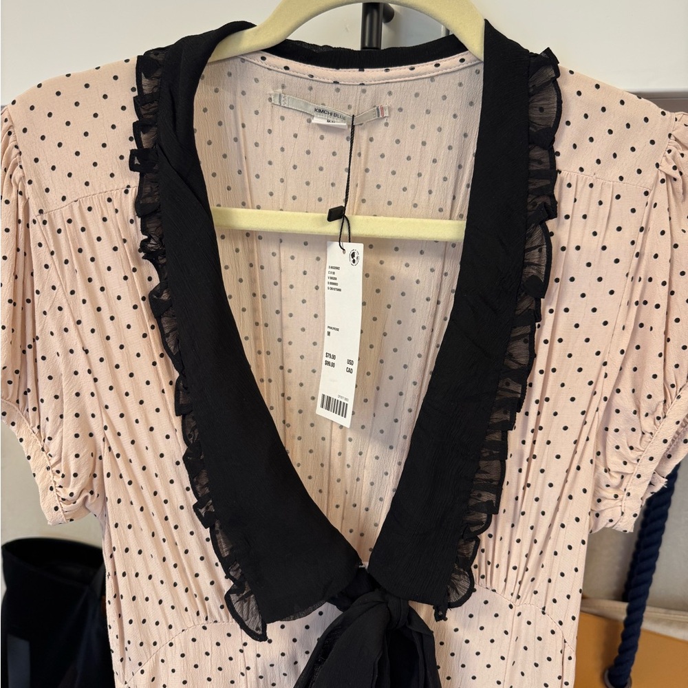 Kimchi Blue Blush Pink Polka Dot Midi Dress with Black Collar - Picture 5 of 7